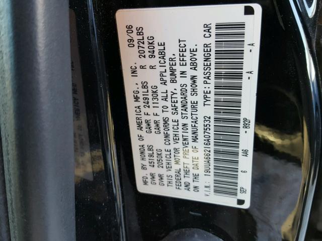 19UUA66216A075532 - 2006 ACURA 3.2TL BLACK photo 10