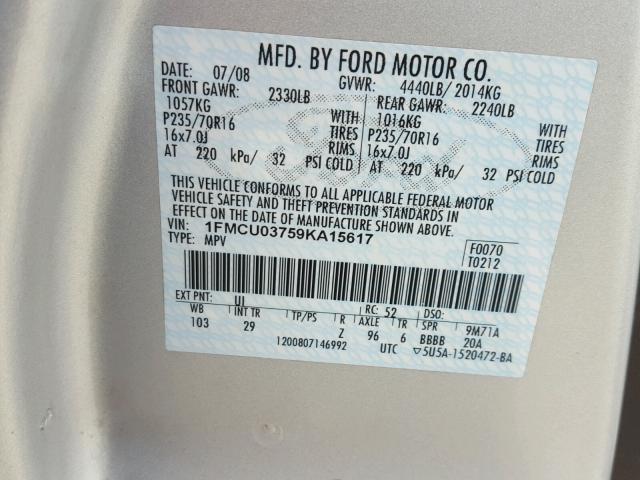 1FMCU03759KA15617 - 2009 FORD ESCAPE XLT SILVER photo 10