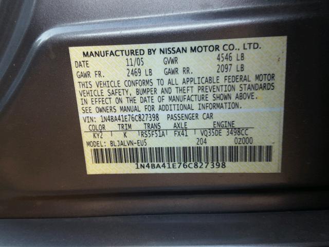 1N4BA41E76C827398 - 2006 NISSAN MAXIMA SE GRAY photo 10