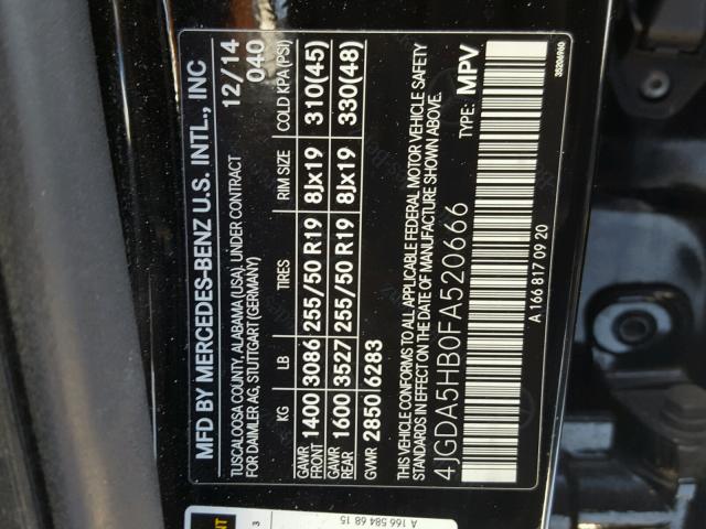 4JGDA5HB0FA520666 - 2015 MERCEDES-BENZ ML 350 4MA BLACK photo 10