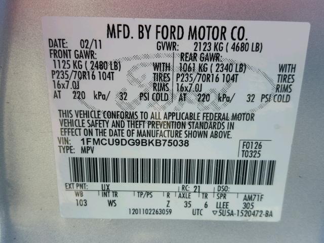 1FMCU9DG9BKB75038 - 2011 FORD ESCAPE XLT SILVER photo 10