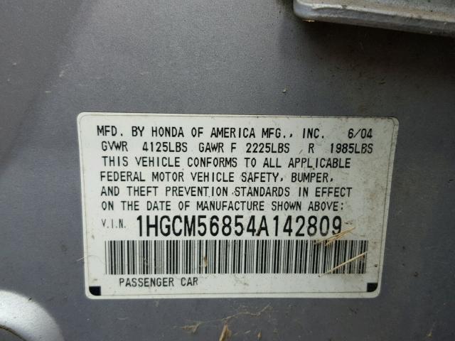 1HGCM56854A142809 - 2004 HONDA ACCORD EX SILVER photo 10