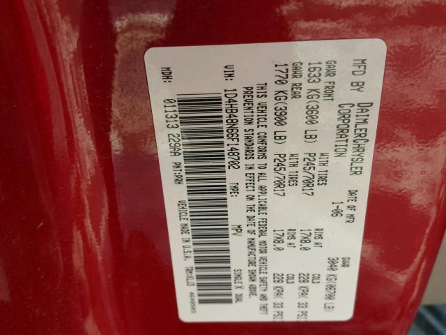 1D4HB48N66F148702 - 2006 DODGE DURANGO SL RED photo 10