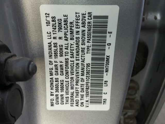 19XFB2F51CE382795 - 2012 HONDA CIVIC LX SILVER photo 10