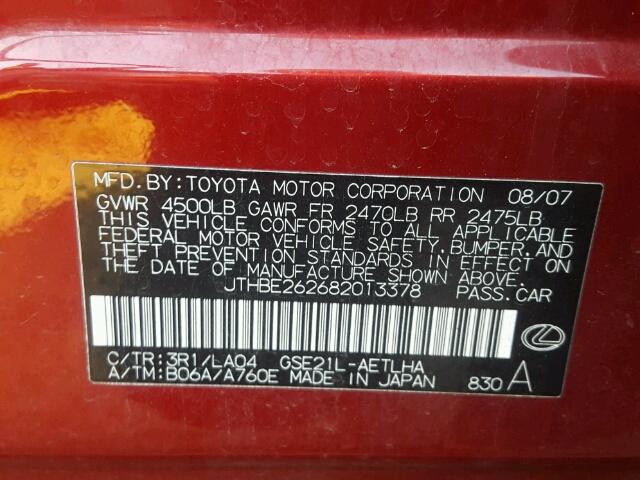 JTHBE262682013378 - 2008 LEXUS IS 350 RED photo 10