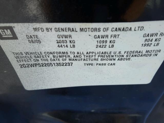 2G2WP522051352237 - 2005 PONTIAC GRAND PRIX BLACK photo 10