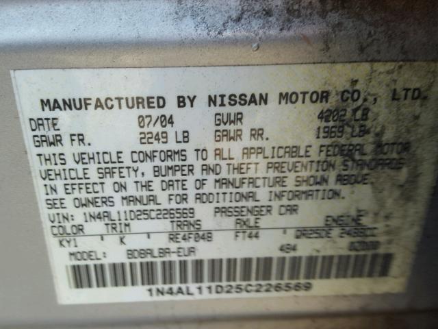 1N4AL11D25C226569 - 2005 NISSAN ALTIMA S SILVER photo 10