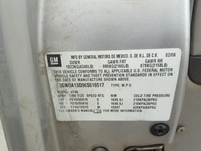 3GNDA13D96S616517 - 2006 CHEVROLET HHR LS SILVER photo 10