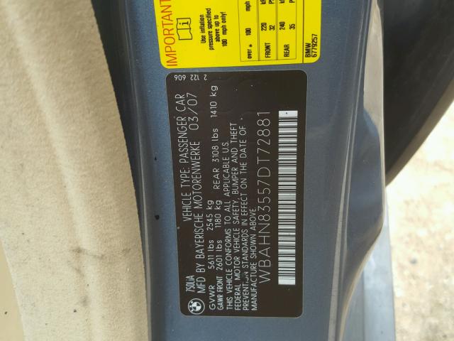 WBAHN83557DT72881 - 2007 BMW 750 BLUE photo 10