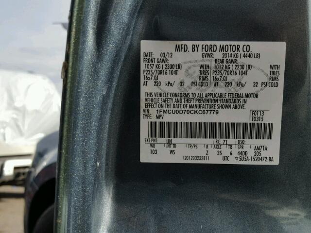 1FMCU0D70CKC67779 - 2012 FORD ESCAPE XLT GREEN photo 10