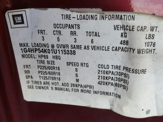 1G4HP54K01U115338 - 2001 BUICK LESABRE CU MAROON photo 10