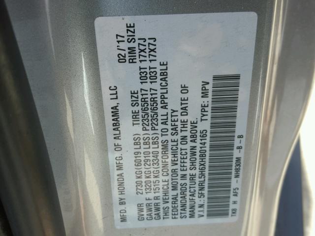 5FNRL5H6XHB014165 - 2017 HONDA ODYSSEY EX SILVER photo 10