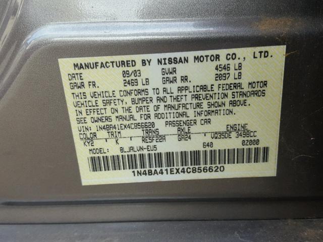 1N4BA41EX4C856620 - 2004 NISSAN MAXIMA SE BEIGE photo 10