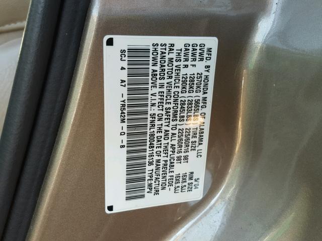 5FNRL18004B116136 - 2004 HONDA ODYSSEY EX GOLD photo 10