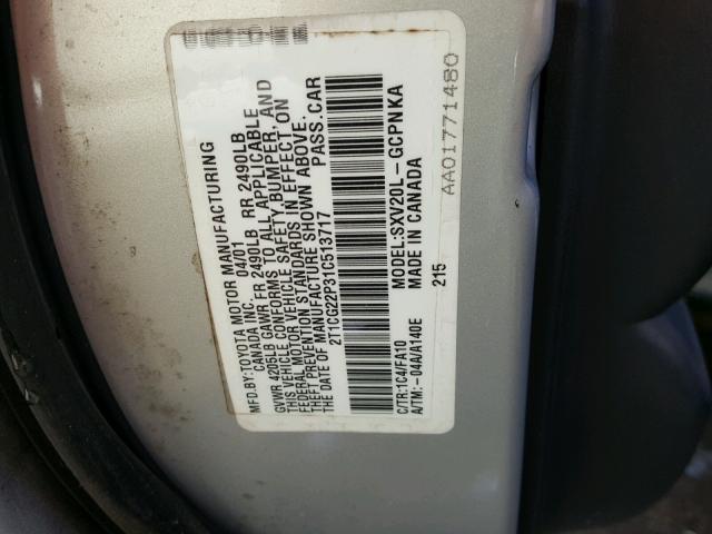 2T1CG22P31C513717 - 2001 TOYOTA CAMRY SOLA SILVER photo 10