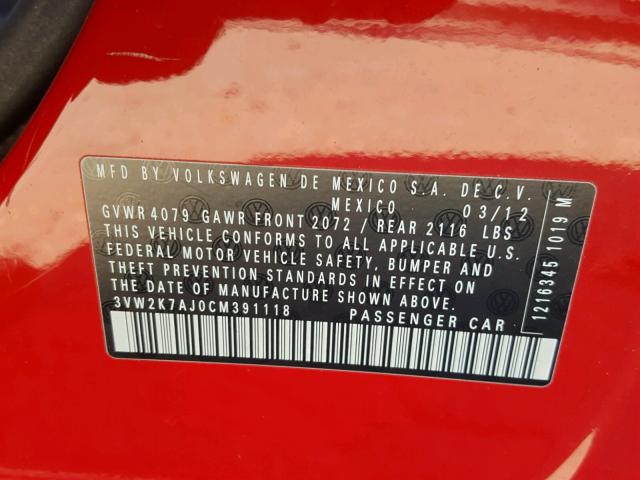 3VW2K7AJ0CM391118 - 2012 VOLKSWAGEN JETTA BASE 红色 照片 10