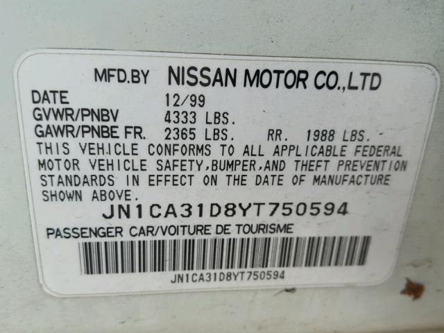 JN1CA31D8YT750594 - 2000 NISSAN MAXIMA GLE WHITE photo 10