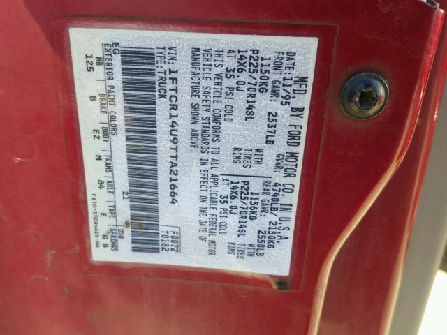 1FTCR14U9TTA21664 - 1996 FORD RANGER SUP RED photo 10