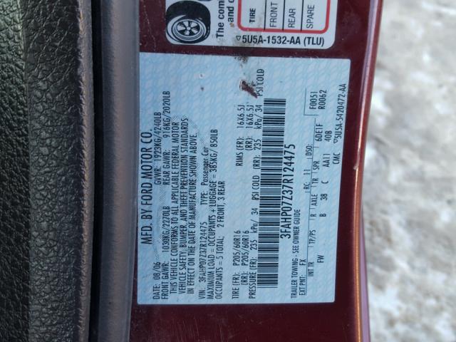 3FAHP07Z37R124475 - 2007 FORD FUSION SE MAROON photo 10