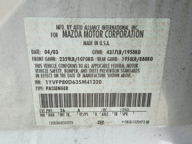 1YVFP80D635M41320 - 2003 MAZDA 6 S SILVER photo 10