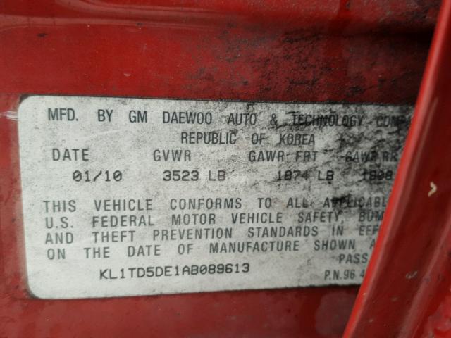 KL1TD5DE1AB089613 - 2010 CHEVROLET AVEO LS 红色 照片 10