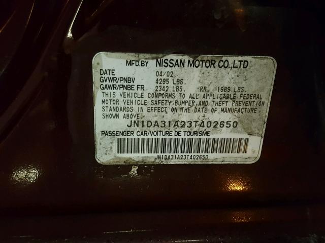 JN1DA31A23T402650 - 2003 NISSAN MAXIMA GLE BURGUNDY photo 10