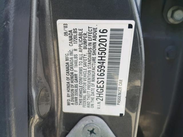 2HGES16594H502016 - 2004 HONDA CIVIC LX GRAY photo 10