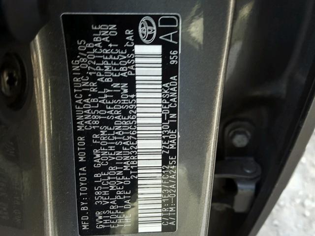 2T1BR32E76C562954 - 2006 TOYOTA COROLLA CE CHARCOAL photo 10