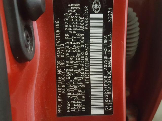 4T1BF1FK2DU665871 - 2013 TOYOTA CAMRY L RED photo 10