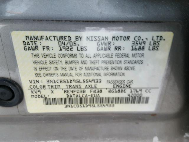 3N1CB51D95L554933 - 2005 NISSAN SENTRA 1.8 TAN photo 10