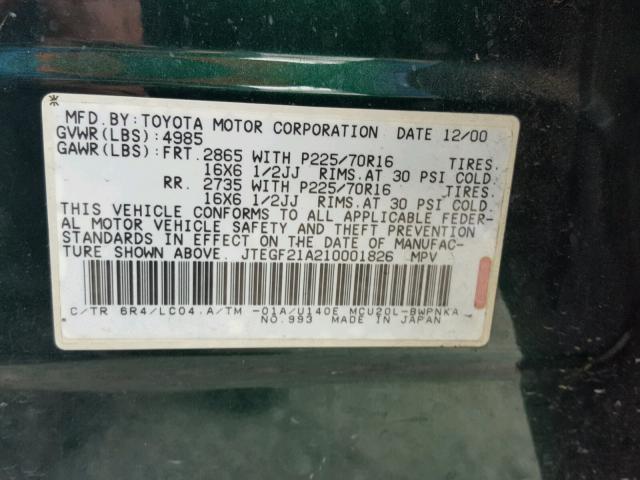 JTEGF21A210001826 - 2001 TOYOTA HIGHLANDER GREEN photo 10