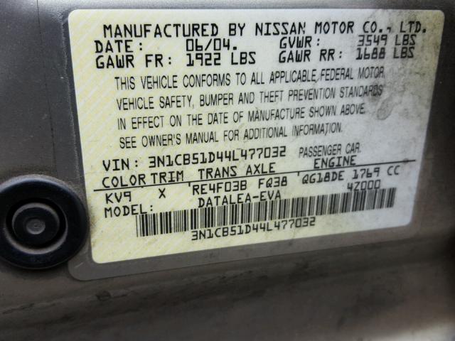 3N1CB51D44L477032 - 2004 NISSAN SENTRA 1.8 TAN photo 10