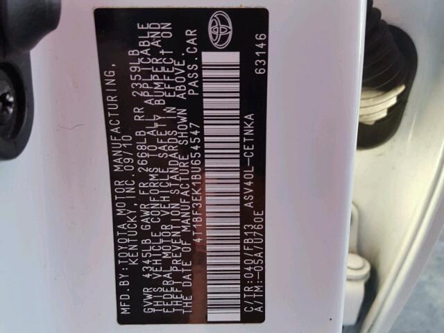 4T1BF3EK1BU654547 - 2011 TOYOTA CAMRY BASE WHITE photo 10