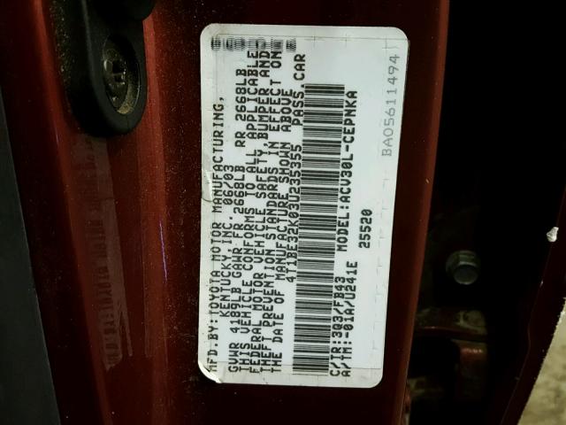 4T1BE32K03U235355 - 2003 TOYOTA CAMRY LE RED photo 10