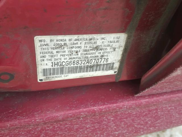 1HGCG66832A070776 - 2002 HONDA ACCORD EX RED photo 10