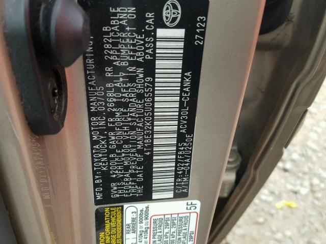 4T1BE32K05U065579 - 2005 TOYOTA CAMRY LE Gold Foto 10