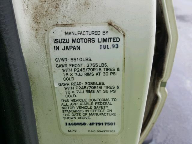 JACDH58V4P7917501 - 1993 ISUZU TROOPER S WHITE photo 10