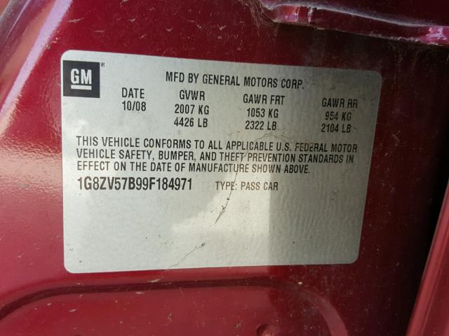 1G8ZV57B99F184971 - 2009 SATURN AURA XR RED photo 10