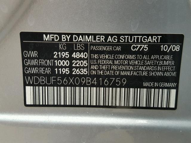 WDBUF56X09B416759 - 2009 MERCEDES-BENZ E 350 SILVER photo 10