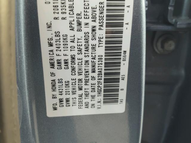 1HGCP2F82BA075380 - 2011 HONDA ACCORD EXL BLUE photo 10