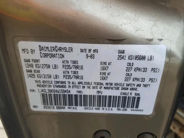 1J4GL38K64W159454 - 2004 JEEP LIBERTY RE GOLD photo 10