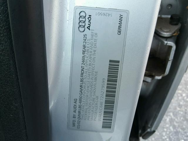 WAUVC68E72A279599 - 2002 AUDI A4 1.8T AV SILVER photo 10