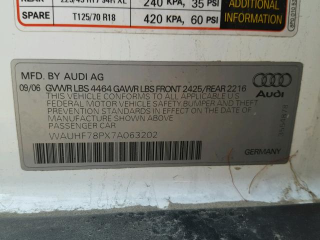 WAUHF78PX7A063202 - 2007 AUDI A3 2 WHITE photo 10