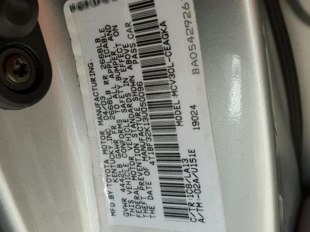 4T1BF32K13U050096 - 2003 TOYOTA CAMRY LE SILVER photo 10