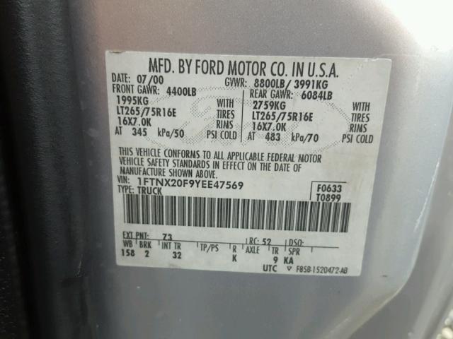 1FTNX20F9YEE47569 - 2000 FORD F250 SUPER SILVER photo 10