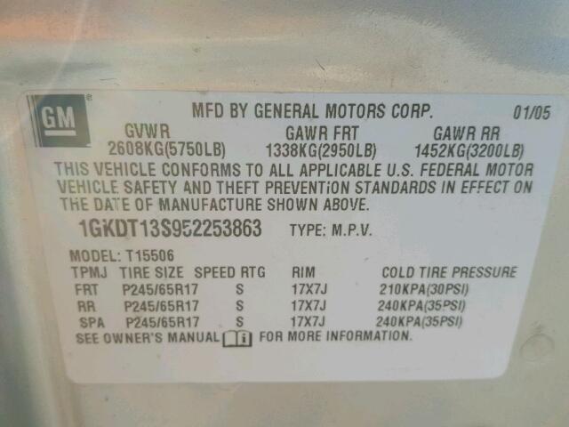 1GKDT13S952253863 - 2005 GMC ENVOY SILVER photo 10