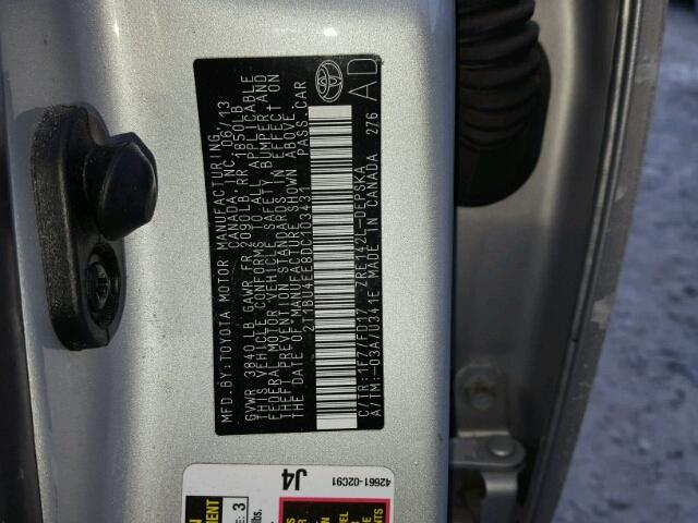 2T1BU4EE8DC103431 - 2013 TOYOTA COROLLA BA SILVER photo 10