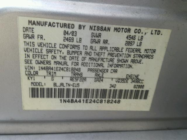 1N4BA41E24C818248 - 2004 NISSAN MAXIMA SE SILVER photo 10