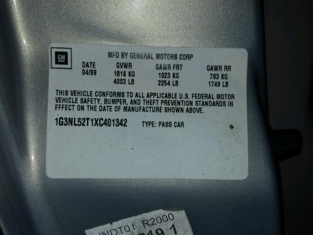 1G3NL52T1XC401342 - 1999 OLDSMOBILE ALERO GL SILVER photo 10