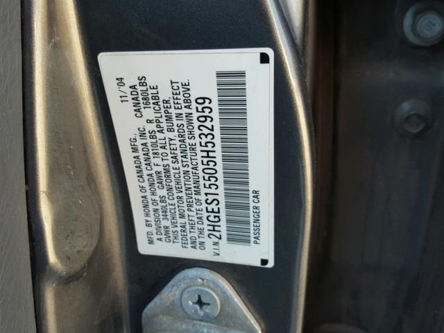 2HGES15505H532959 - 2005 HONDA CIVIC LX GRAY photo 10